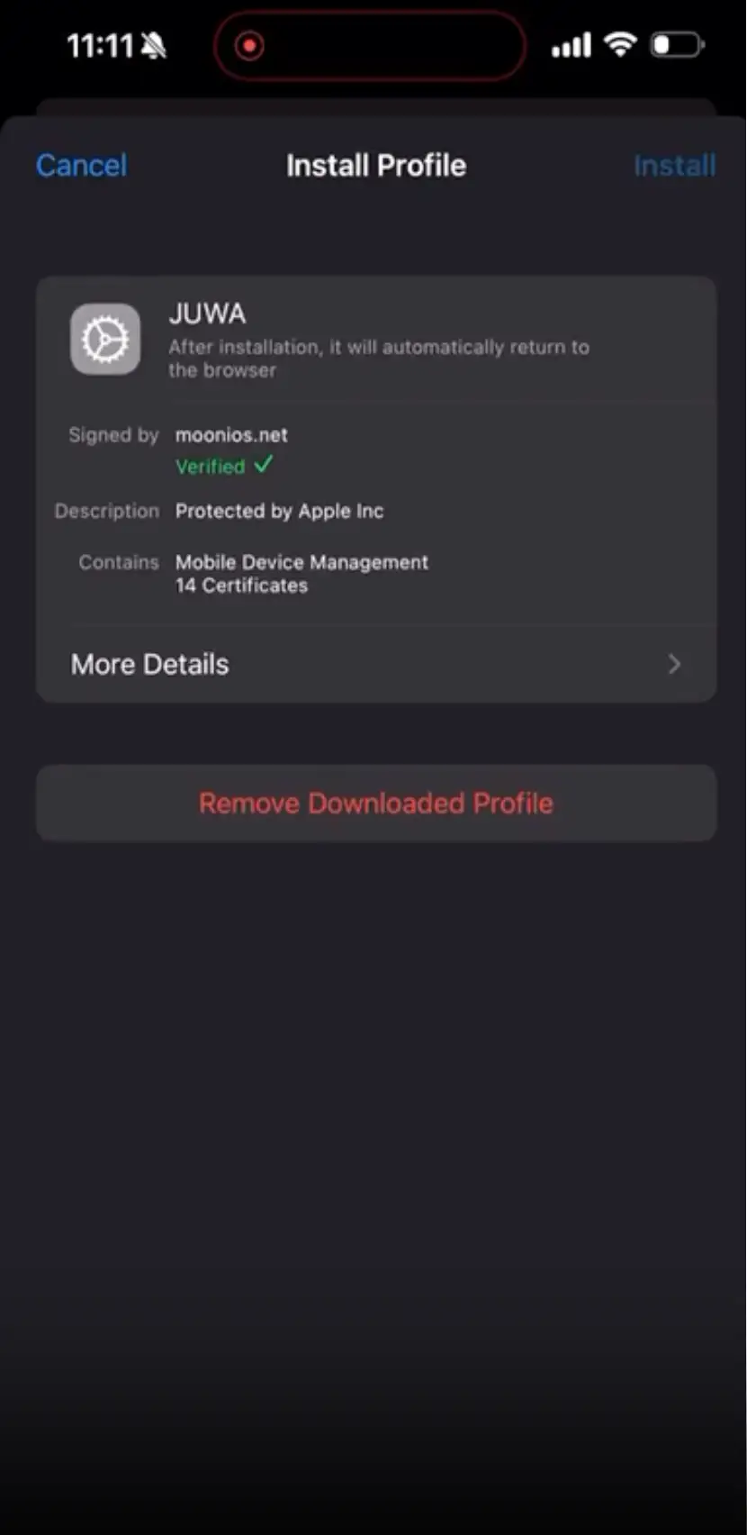 iOS Device Management screen to trust Juwa developer profile